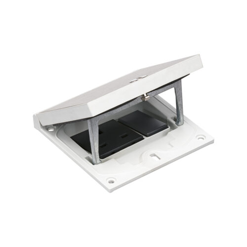 Stainless steel top section with manual opening. Supplied with 13amp UK socket and 22.5mm x 45mm blank