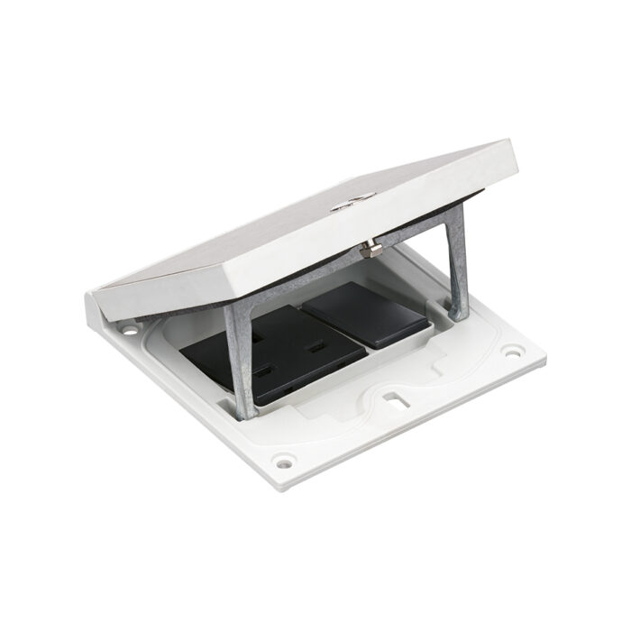 Stainless steel top section with manual opening. Supplied with 13amp UK socket and 22.5mm x 45mm blank