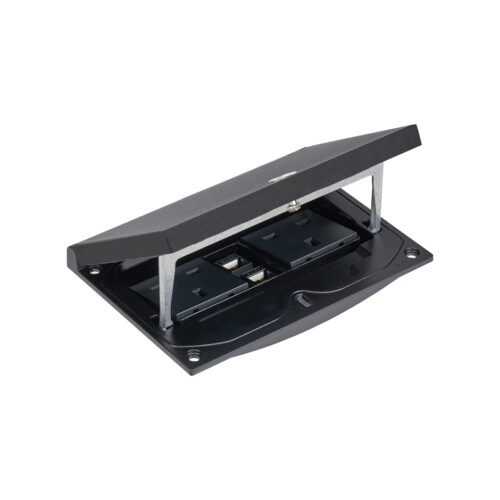 Black steel top section with manual opening. Supplied with 2no. 13amp sockets and 22.5mm x 45mm blank