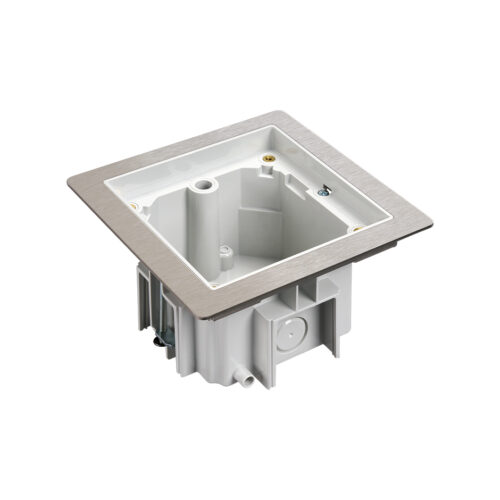 Single raised floor back box with stainless steel surround trim support frame and clamping arms