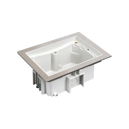 Double raised floor back box with stainless steel surround trim support frame and clamping arms