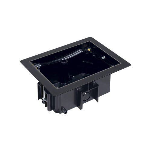 Double raised floor back box with black steel surround trim support frame and clamping arms