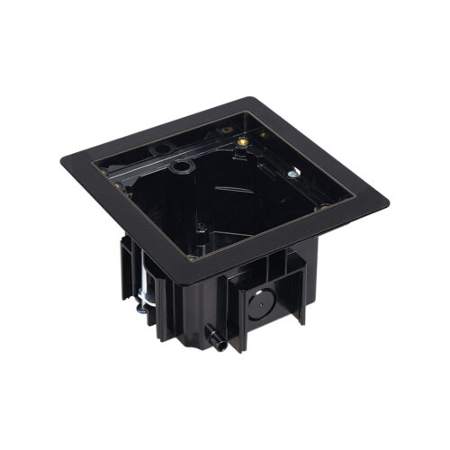 Single raised floor back box with black steel surround trim support frame and clamping arms