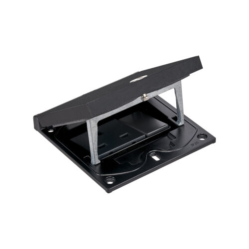 Black steel top section with manual opening. Supplied with 13amp UK socket and 22.5 x 45mm Data blank