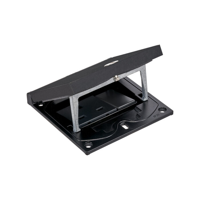 Black steel top section with security opening. Supplied with 13amp UK socket and 1no. 22.5 x 45mm Data blank